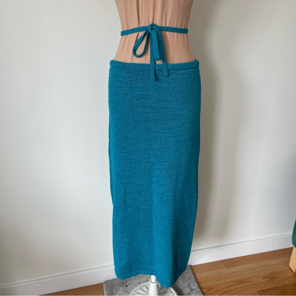 Cult Gaia Hedda Cyan Blue Stretch Knit Diamond Tie Cut Out Midi Skirt EUC Size S - Picture 7 of 12